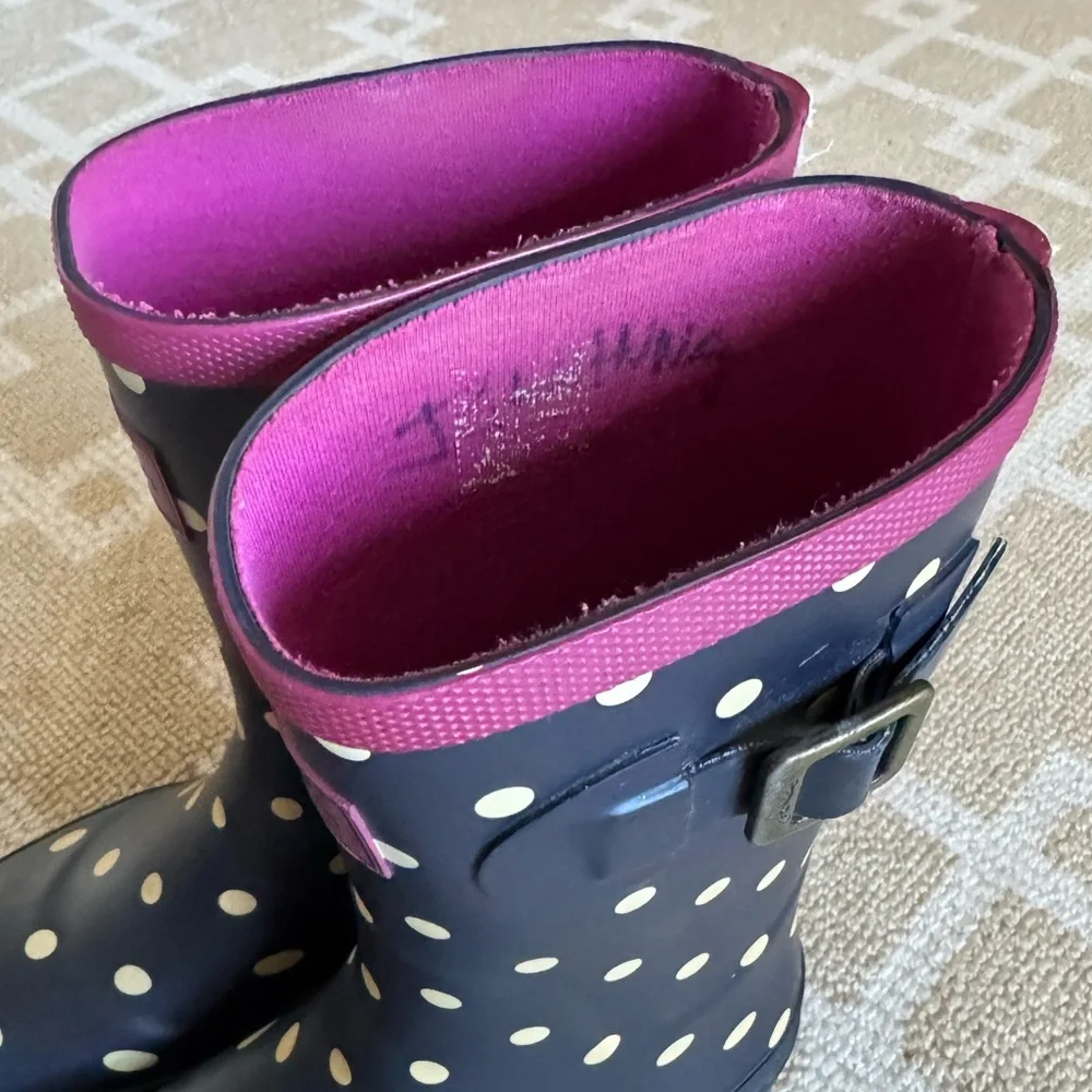 Joules Kids Waterproof Rubber Rain Boots Black Pink Yellow Polka Dot Shoes 13